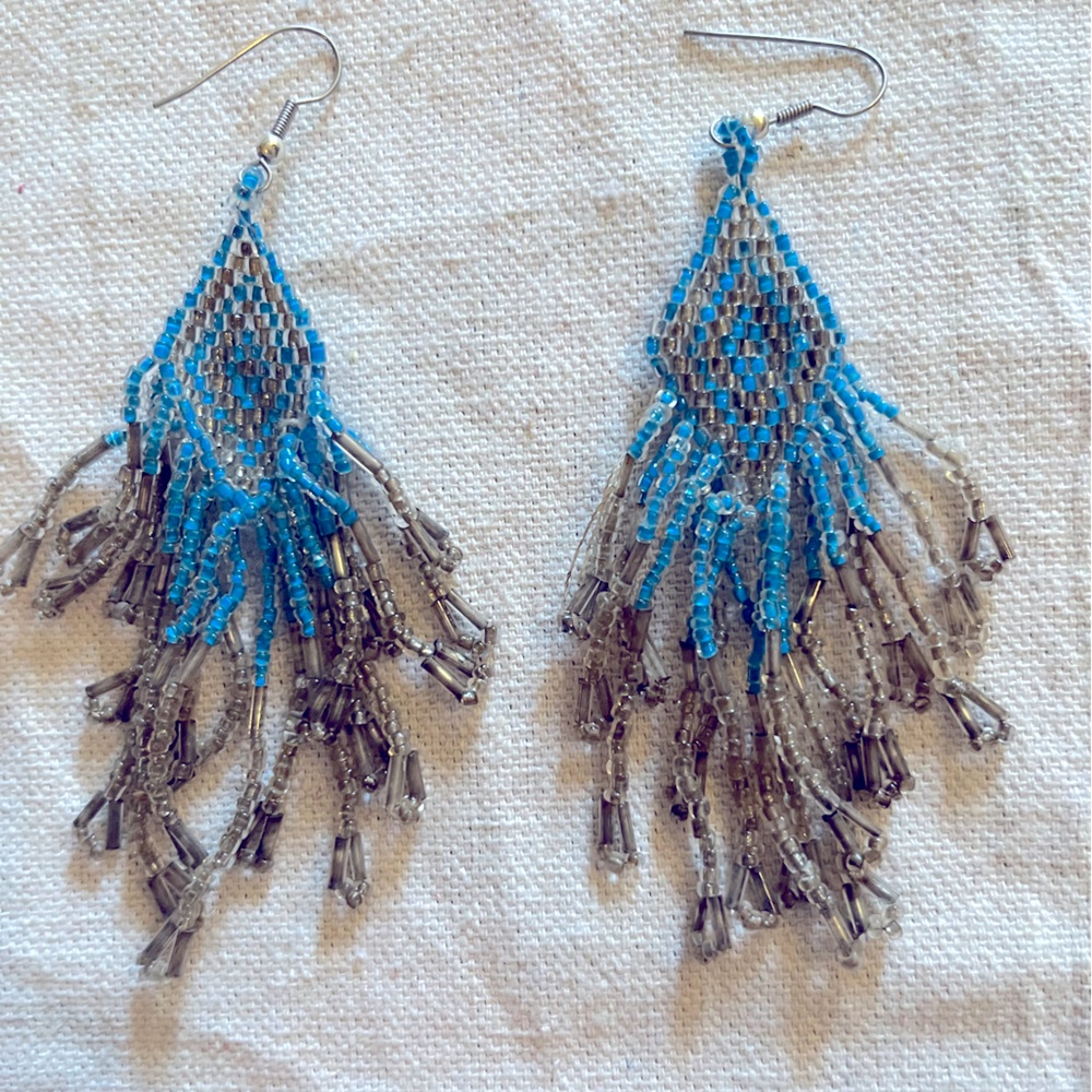 Stunning vintage blue beaded fringe earrings